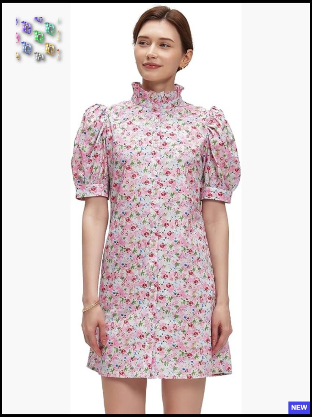 Floral Mini Dress Boho Puff Sleeve Ruffle Neck Casual Beach Shift